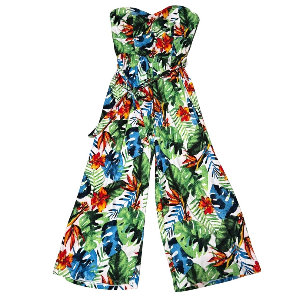 No Boundaries Jumpsuit Tropical Print Strapless Belted Wide Leg‎ Size L